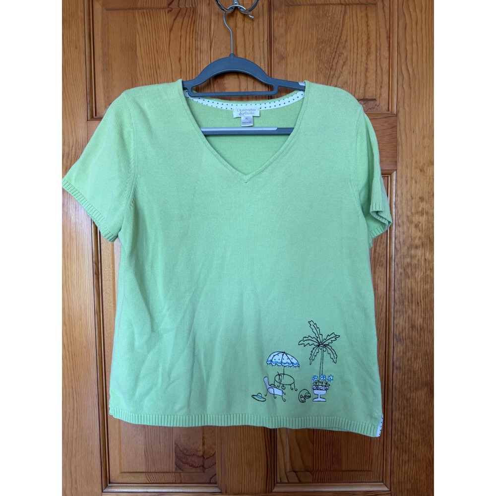 Christopher & Banks Womens XL Green VNeck Beach Embroidered Short Sleeve Sweater